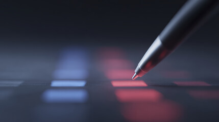 Digital pen glowing box circuit board checklist technology blue light red light touchscreen innovation modern electronic futuristic interface