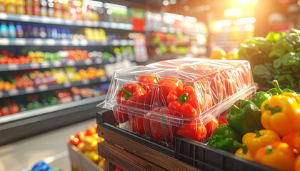 Vibrant red and yellow bell peppers in clear plastic containers at a grocery store produce section with colorful background shelves