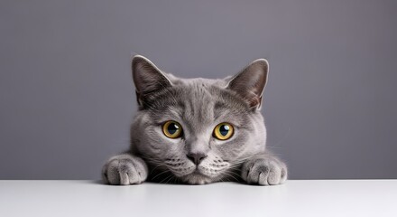 Cute gray cat with green eyes on white surface