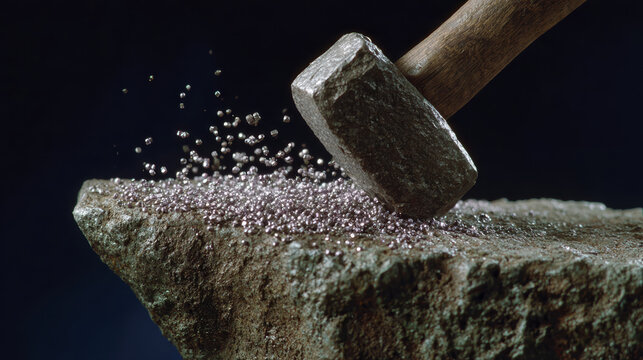 Hammer metal impact spark stone tool power force motion dust dramatic hammer impact metal stone, flying spark particle, powerful slow motion