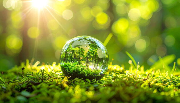 Vivid green environment scene with a transparent glass sphere reflecting lush trees and sunlight, emphasizing nature's beauty and ecological harmony - Powered by Adobe