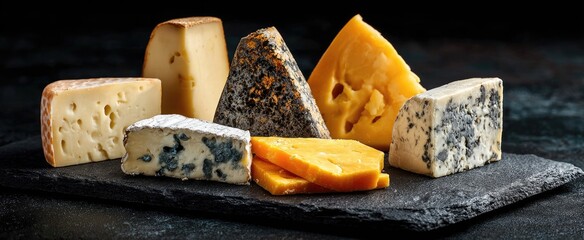 Assorted cheeses on a slate. Various types and textures showcased
