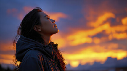 Silhouette woman sunset sky peaceful female profile colorful cloud serene evening light contemplation calm nature outdoor jacket