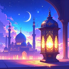Ornate lantern glows near a mosque at dusk, silhouetted against a dreamy, pastel purple and pink sky with a crescent moon