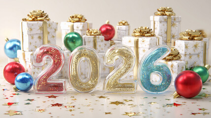 カラフルな立体数字2026と装飾品で表現した華やかな祝祭イメージ