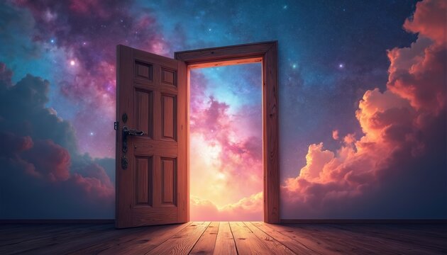 Open wooden door reveals vibrant, colorful galaxy with swirling clouds and stars. Pathway to new worlds, cosmic journey, exploration of unknown universe.