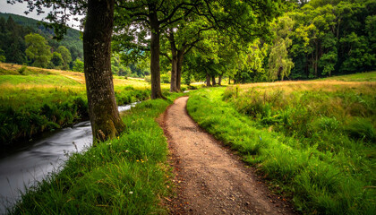 Obraz premium Winding dirt path through lush green forest with tall trees and vibrant foliage alongside a gentle stream in a tranquil natural landscape