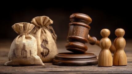Still life depicting legal concepts with bags of money, a gavel, and wooden figurines on a wooden surface