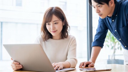 Obraz premium 画面を注視する女性社員と横で見守る男性ビジネスマン