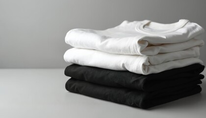 Neatly folded black, white t-shirts stacked cleanly on white surface. Prepared for fashion clothing presentation mockups. Minimalist style with smooth fabric. Image suggests organization, basic
