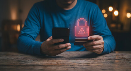 man holding smartphone with digital lock icon