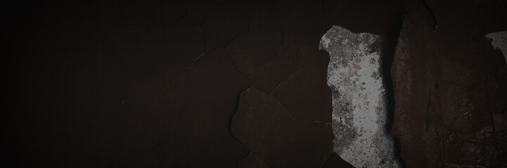 Dark wide panoramic background. Peeling paint on a concrete wall. Dark grunge texture of old cracked flaking paint. Weathered rough painted surface. Patterns of cracks. Darkness background for design.