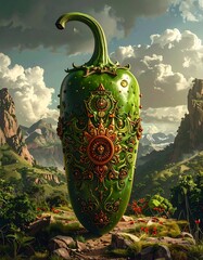 Ornate, large green pepper, detailed with gold patterns, sits on a path in a lush, hilly landscape
