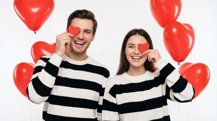 Happy Valentine&rsquo;s Day couple holding red heart and smiling together at isolated white background. Romantic decoration for Valentine's Day promotion background.