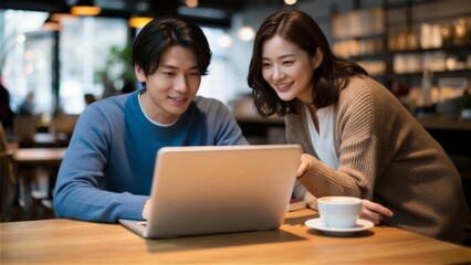 カフェのテーブルでノートパソコンの画面を一緒に見る男女のペア