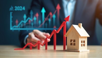 Wooden house model beside rising red arrow graph indicating property value increase. Digital chart displays growth trend. Business person analyzes data for real estate investment decisions.