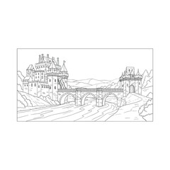 Fototapeta premium Medieval castle with bridge and surrounding landscape Vector, illustration