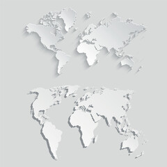 A world map cut out of gray paper. A set of political maps of the world on a gray