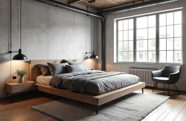 Obraz premium Modern loft bedroom with concrete walls, wooden floor, large industrial windows. Features comfortable bed, minimalist nightstand, stylish armchair. Space exposed pipes, hanging lamps creating urban