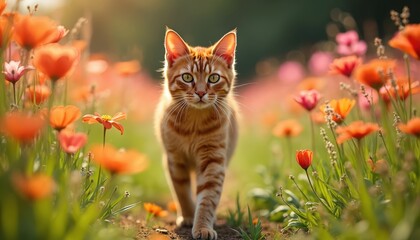 Ginger cat walks through field of bright orange flowers. Young feline with green eyes has striped fur and looks forward. Scene is sunny and peaceful.