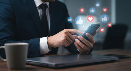 Businessman likes social media on smartphone