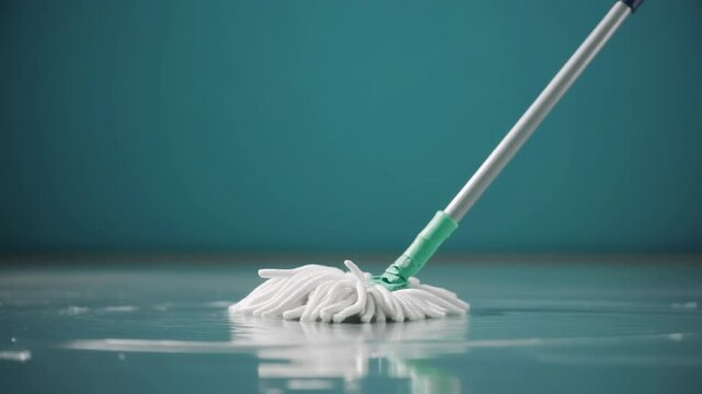 Mop cleaning wet floor on teal background. Suitable for cleaning, maintenance, hygiene, janitorial service concepts in design projects.