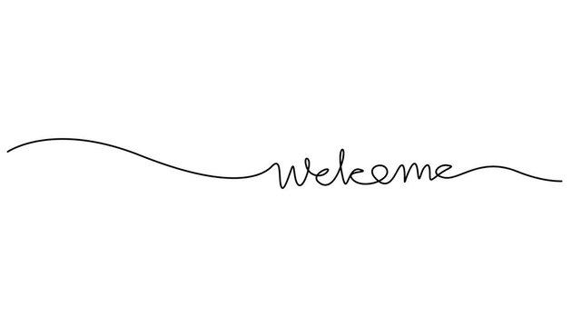 welcome animated continuous single one line art drawn animation phrase on white black background. hand drawing of word text welcome, Continuous one line drawing animation of welcome word, welcome word