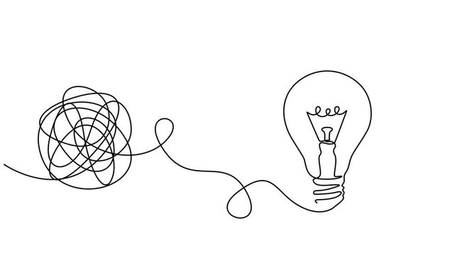 unraveling to glowing light bulb animation continuous one line drawing, Animated One continuous line drawing of tangled and scribble wires with light bulbs. Concept of complex problem solving process.