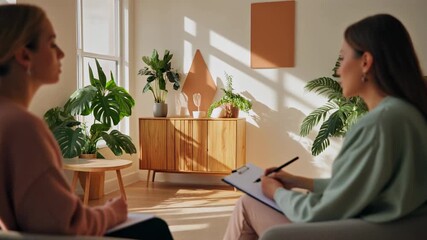 Therapist speaks with a patient in a sunlit room, suitable for mental health, therapy, counseling concepts in designs.