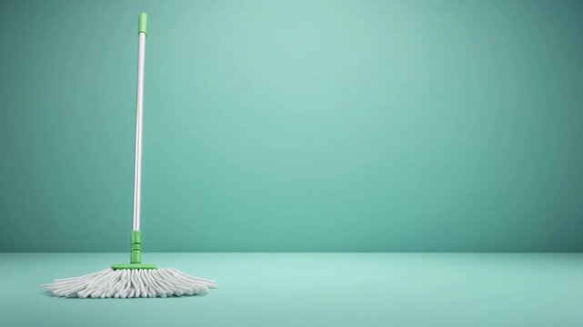 White cotton mop against a blue green backdrop. Suitable for cleaning products, janitorial services, hygiene products, and household cleaning visuals.