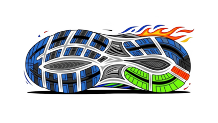 Sole of a running shoe with flames on black background shoe sole sneaker