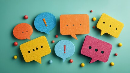 A top-down shot of multicolored speech bubbles with ellipses and exclamation marks on a teal background. Small spheres scattered around