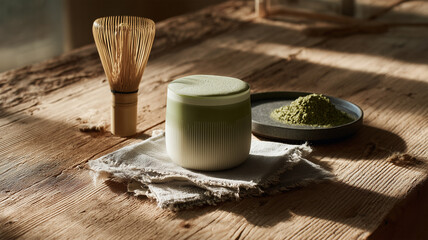 朝の光に木肌が映えるテーブルで整えた器と抹茶ラテの静物