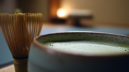 茶道具の気配を添えて抹茶の静かな準備過程を切り取った構図