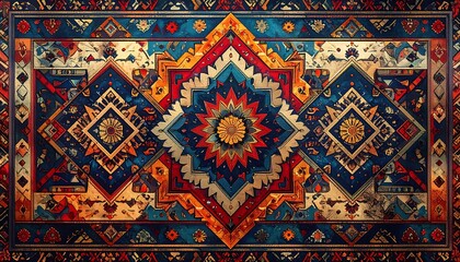 Ornate rug design with symmetrical patterns in blue, red, gold and white with a vintage, textured finish