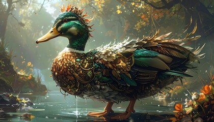 Ornate mallard duck in a serene autumn scene, adorned with intricate jewelry-like details in a calm forest setting