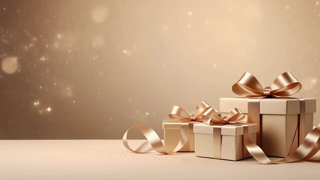 Three elegant gold gift boxes on a beige background, perfect for holiday, celebration, and luxury gift concepts. Ideal for festive designs.