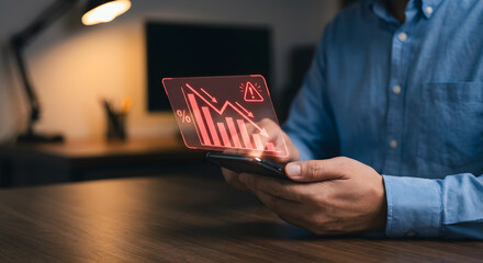 man holding smartphone with business graph on screen
