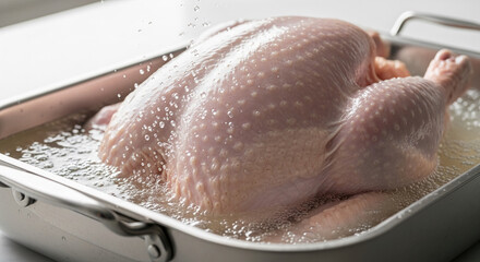 Raw chicken in the metal pan filled with water, with visible water drops. Symbolizes cooking preparation, freshness, and culinary process