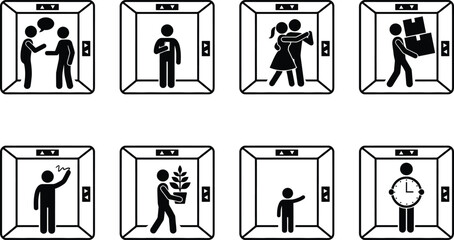 A collection of stick figure pictograms illustrating different scenarios and activities inside an elevator © candysartistry