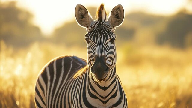 A closeup of a zebra illuminated by the warm glow of golden sunlight, showcasing the beauty of nature photography, capturing the essence of wildlife in its natural habitat and magnificent environment