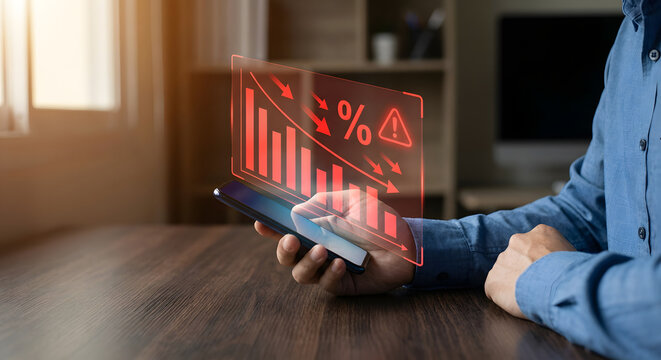 man holding smartphone with financial data graph - Powered by Adobe