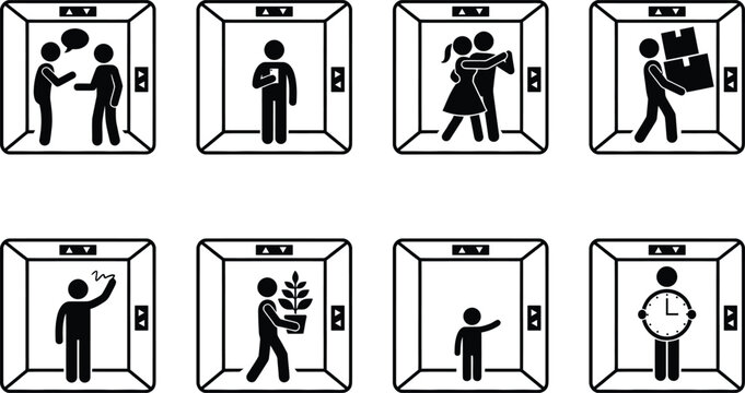 A collection of stick figure pictograms illustrating different scenarios and activities inside an elevator