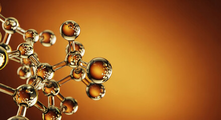 Close-up of a complex molecular structure with glossy, amber-colored spheres and connecting lines, representing science, research, and connection