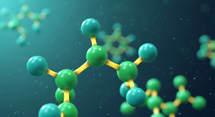 Close-up of molecule structure with green spheres and yellow connecting lines, illustrating scientific research and technological innovation