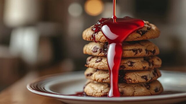 Imagine a stunning stack of delicious chocolate chip cookies, each layer drizzled generously with a rich and sweet syrup that adds an extra touch of indulgence, making every bite a heavenly experience