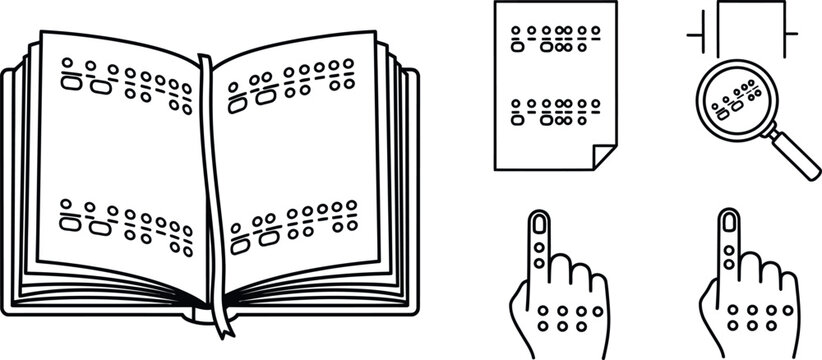 Comprehensive collection of braille reading related line icons demonstrating accessibility communication and education for the visually impaired - Powered by Adobe