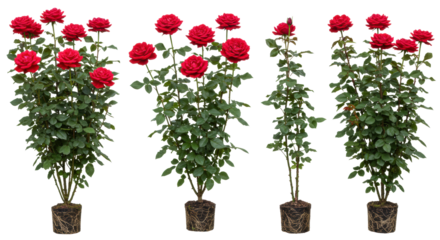 Six photorealistic crimson hybrid tea rose bushes, lush emerald leaves, visible soil balls, arranged in a precise lineup on an infinite white studio background, commercial botany perfection concept