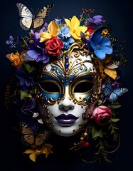 Ornate mask amidst vibrant flowers and butterflies on a dark blue backdrop, evoking fantasy and elegance