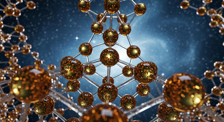 Complex network of metallic spheres connected by rods against a celestial background, representing molecule, structure, or scientific concept